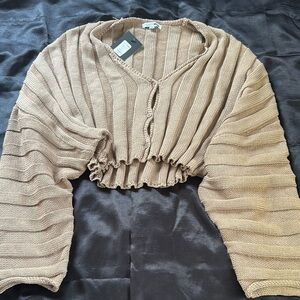 Boohoo Tan V-Neck Sweater with Textured Knit
